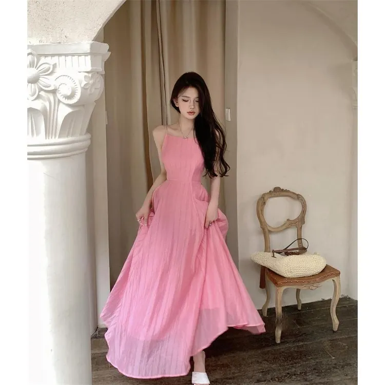 法式绝美吊带连衣裙女装收腰显瘦气质度假风长裙网纱仙女裙子夏季