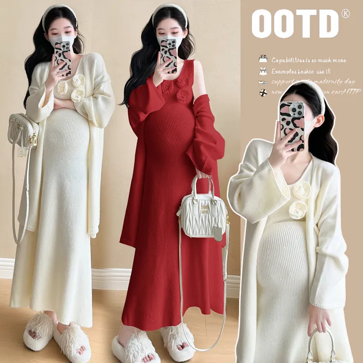 实拍 现货～孕妇装秋冬修身连衣裙法式花朵针织连衣裙开衫两件套