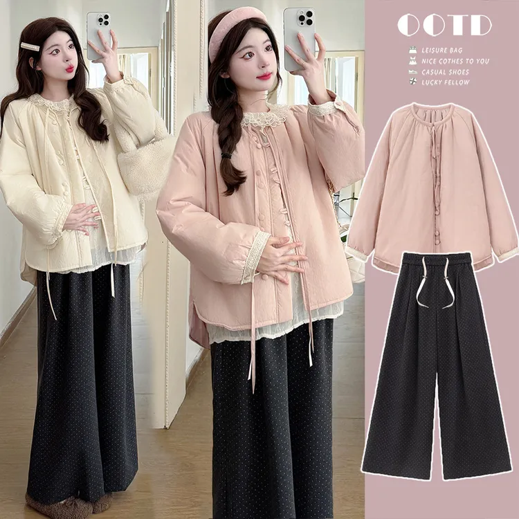 现货实拍孕妇棉衣棉服秋冬波点抽绳加厚孕妇裤孕妇阔腿裤抽绳