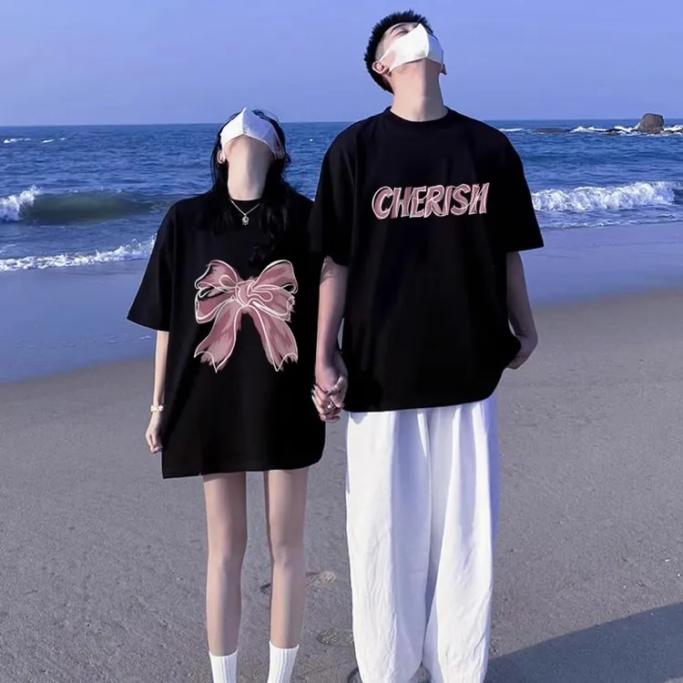 【两件装】issnayas创意蝴蝶结情侣装夏季纯棉高级情侣T恤