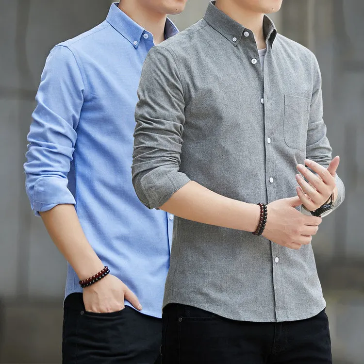 经典男士牛津纺长袖衬衫秋季男士衬衣休闲纯色长袖修身上衣男装