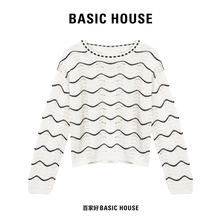 Basic House/百家好秋季长袖条纹圆领宽松针织衫4622 QQ