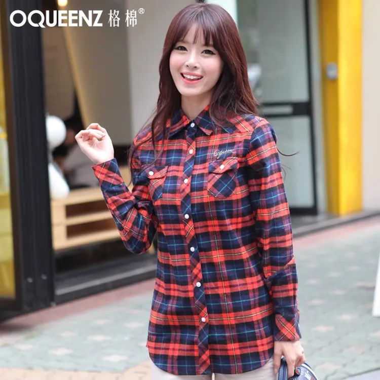 字母刺绣韩版修身衬衣女装春秋冬长袖加厚纯棉磨毛中长款格子衬衫