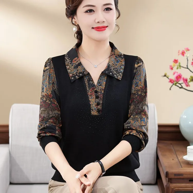 妈妈秋装洋气纱袖T恤时尚长袖针织小衫薄中年女春秋外穿翻领上衣