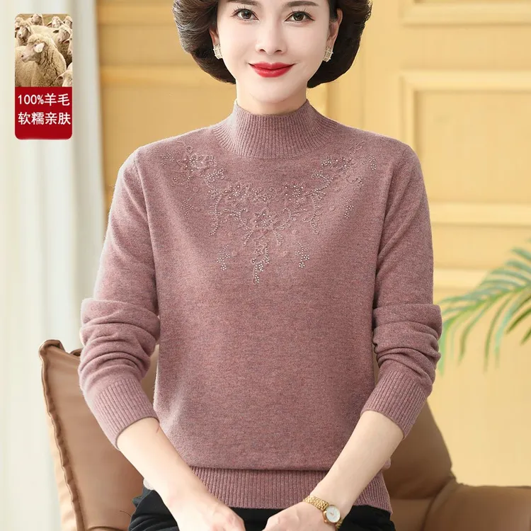 中老年人女100%纯羊毛衫秋冬季中年妈妈装加厚毛衣打底衫洋气上衣