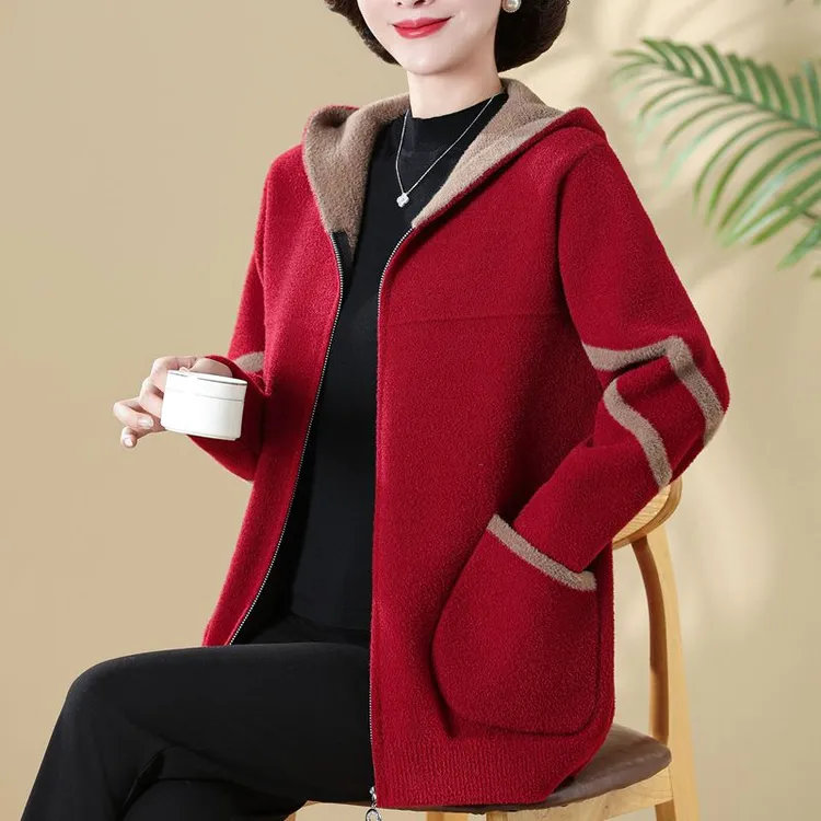 中老年女装加绒加厚加肥加大连帽外套妈妈装上衣秋冬针织毛衣开衫