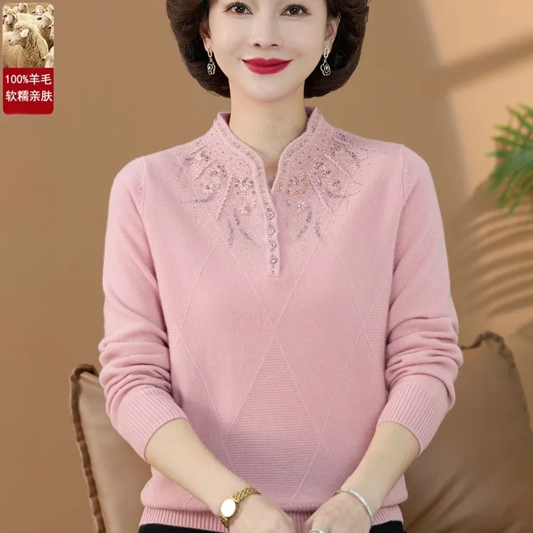 中老年人秋冬款100%纯羊毛衫女中年妈妈毛衣洋气高贵旗袍领打底衫