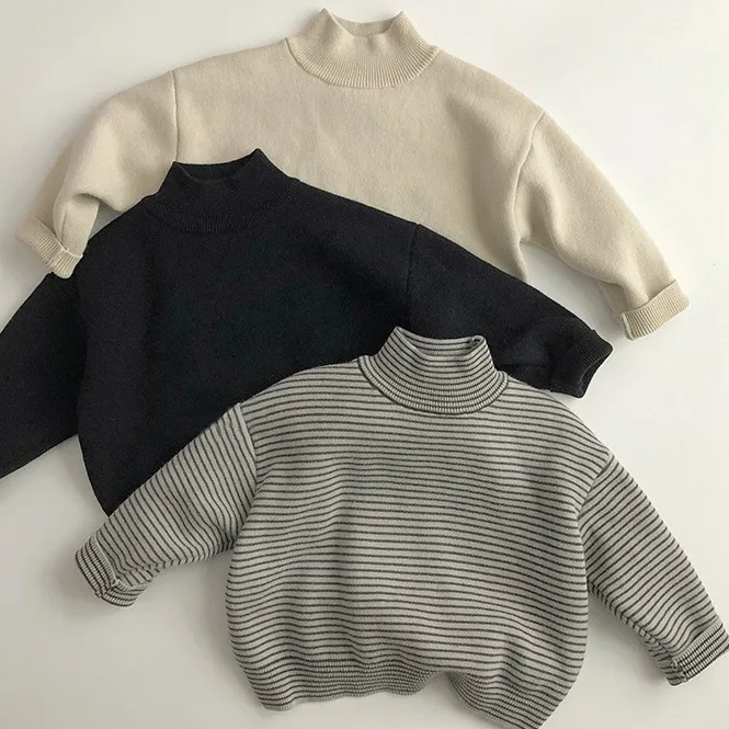 2025秋冬季韩版儿童半高领毛衣一体绒洋气男女宝宝毛衣针织打底衫