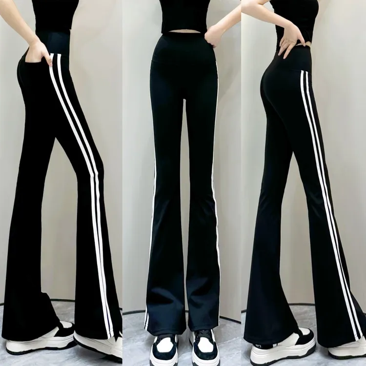 2024夏季新款时尚外穿高腰高弹力条纹显瘦微喇阔腿裤微健身小黑裤
