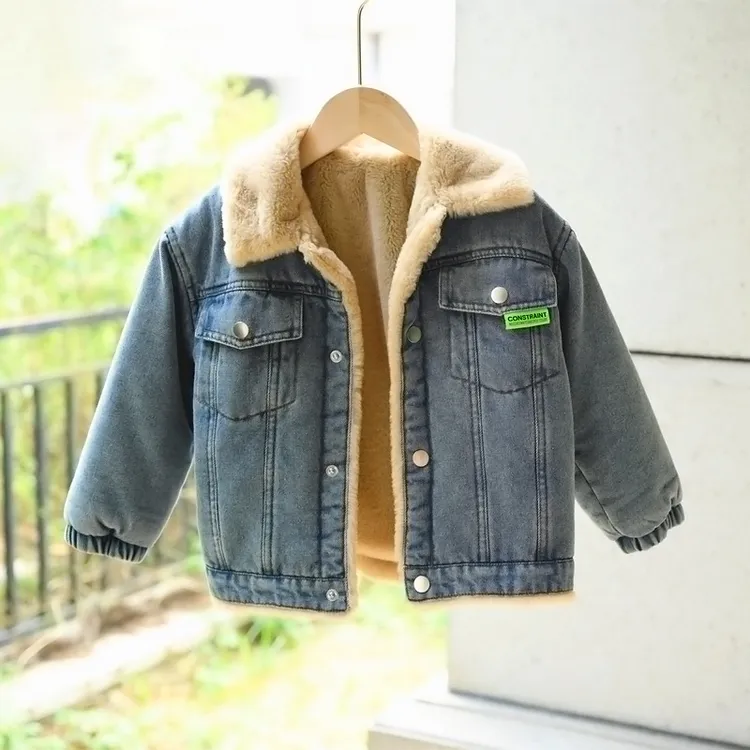 儿童加绒牛仔外套韩版男童洋气加厚夹克上衣小童秋冬装女宝宝衣服