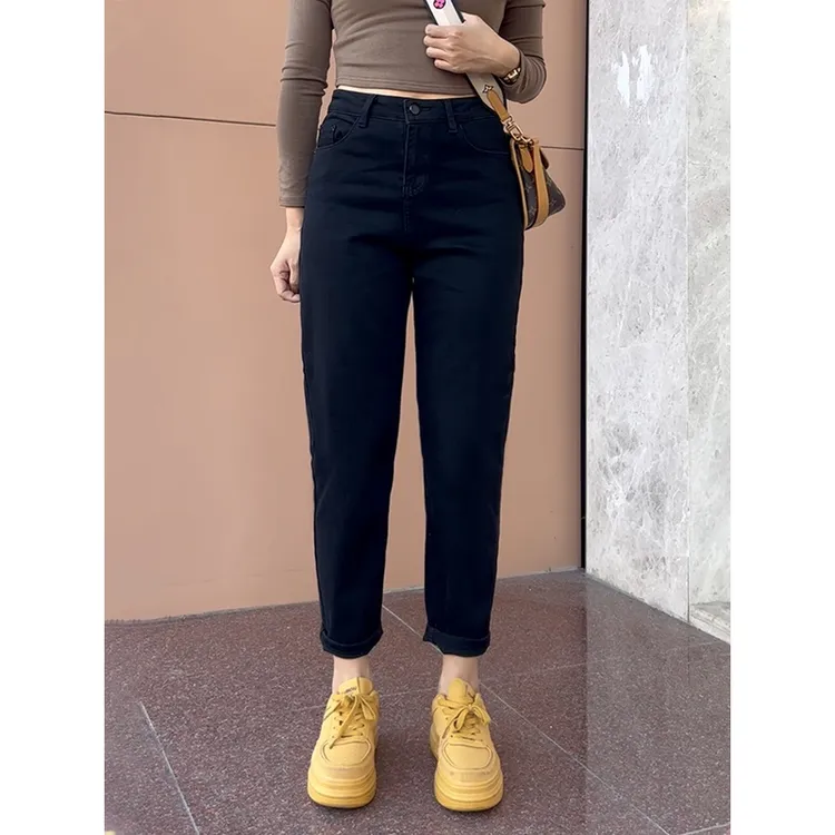 新款弹力加绒牛仔裤女胖mm高腰宽松显瘦遮腿粗小个子九分萝卜裤