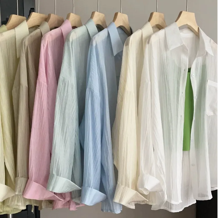 春夏12色美丽现货氛围感防晒宽松设计感褶皱薄款长袖【只有衬衫】