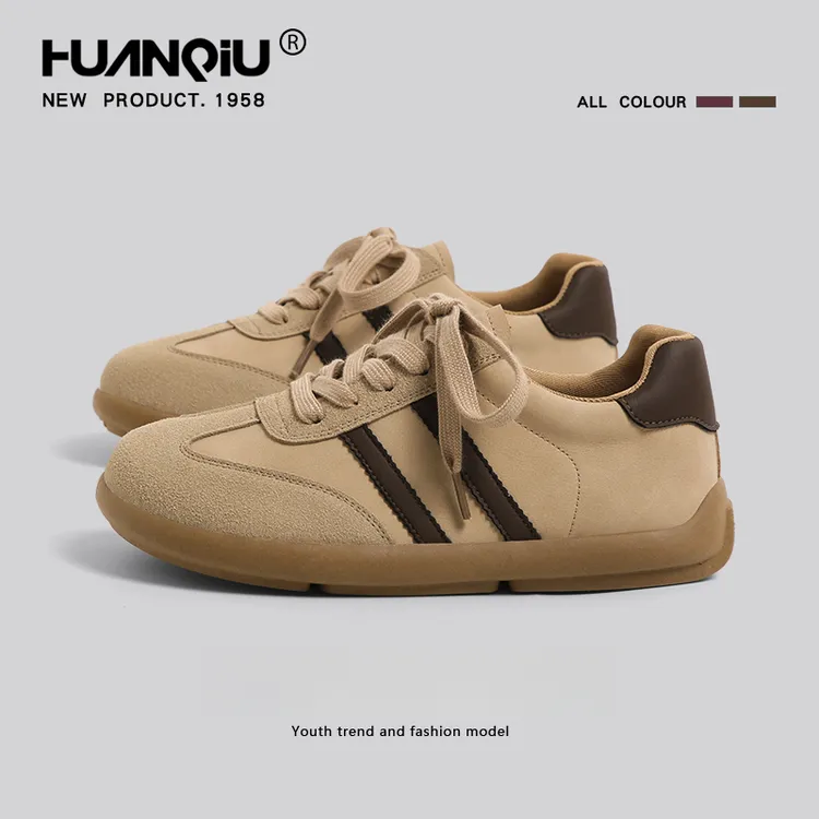 环球磨砂皮德训鞋女2025新款春秋复古百搭软底休闲鞋平底系带板鞋