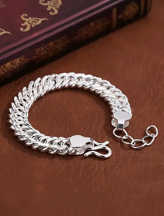 足银手链 志鸿银饰 足银99车花时尚古巴手链