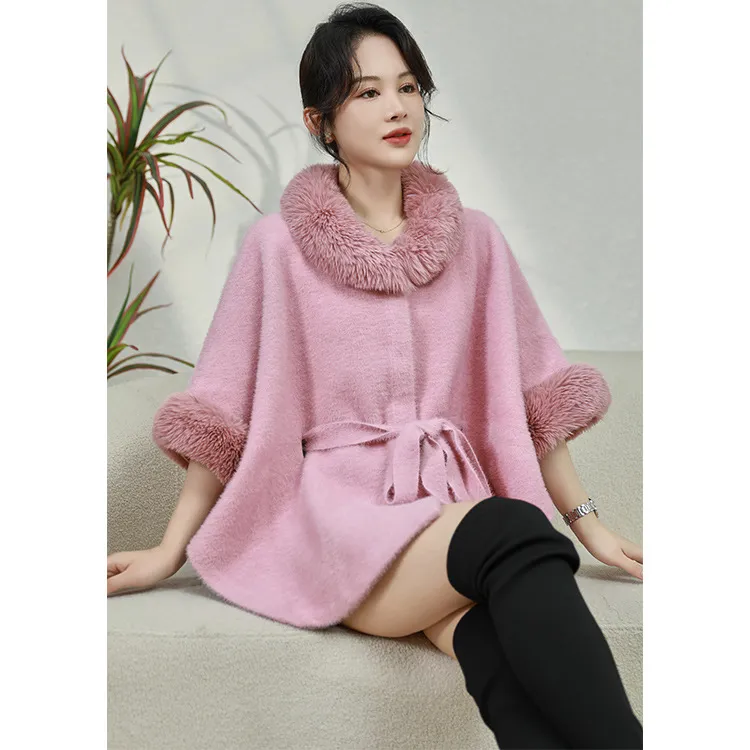 秋冬热卖大毛领高档仿貂绒腰带披肩斗篷时尚韩版气质立领短外套女