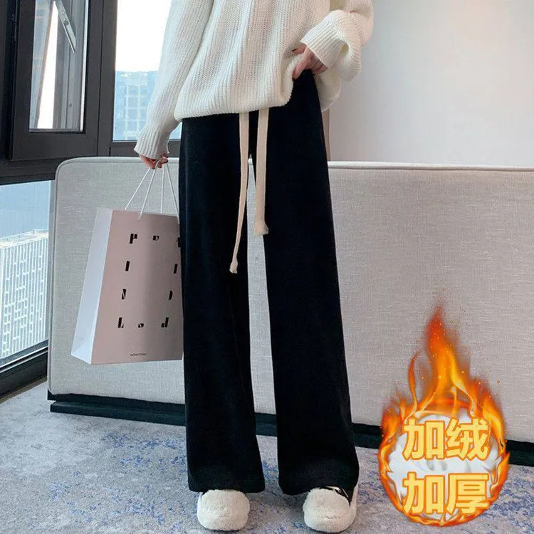 大码胖mm300斤抽绳直筒运动裤女秋冬加绒黑色遛弯休闲高腰阔腿裤