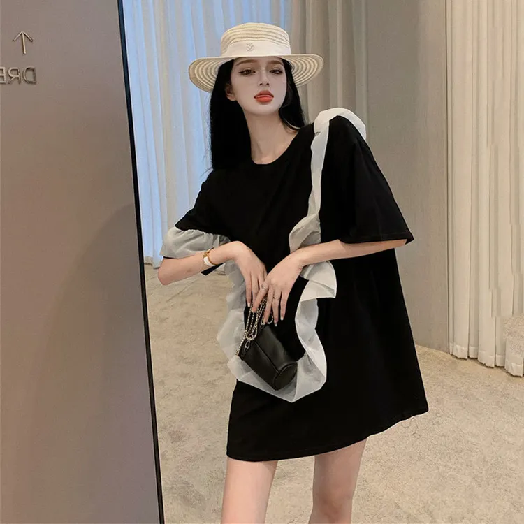黑色短袖T恤女2023新款大版设计感小众中长款下衣失踪体恤裙套装