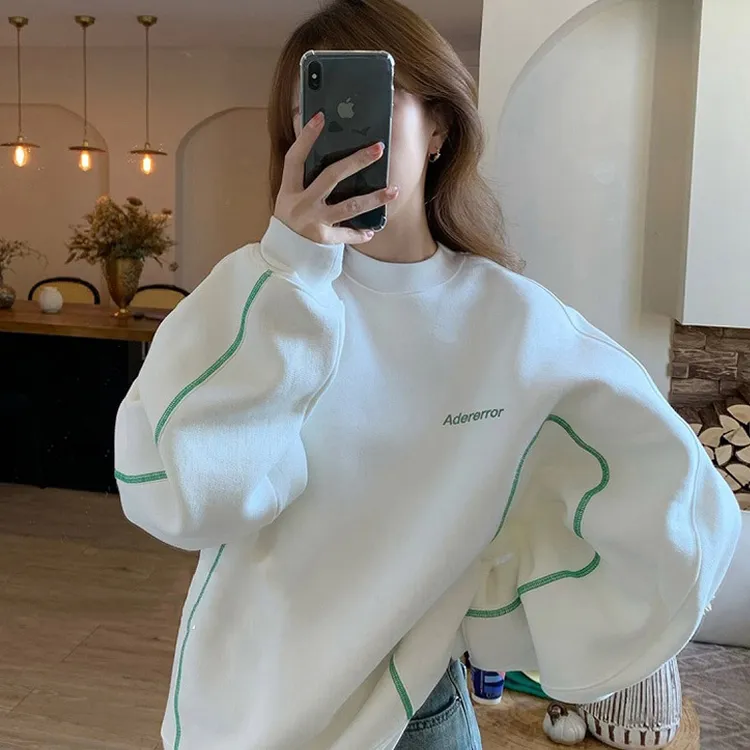 春秋薄款白色圆领卫衣洋气长袖新款爆款小个子中长款宽松秋冬上衣