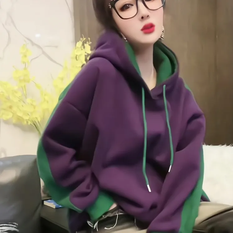 欧货重磅秋冬季新款长袖女装高级感上衣紫色连帽撞色针织女款卫衣