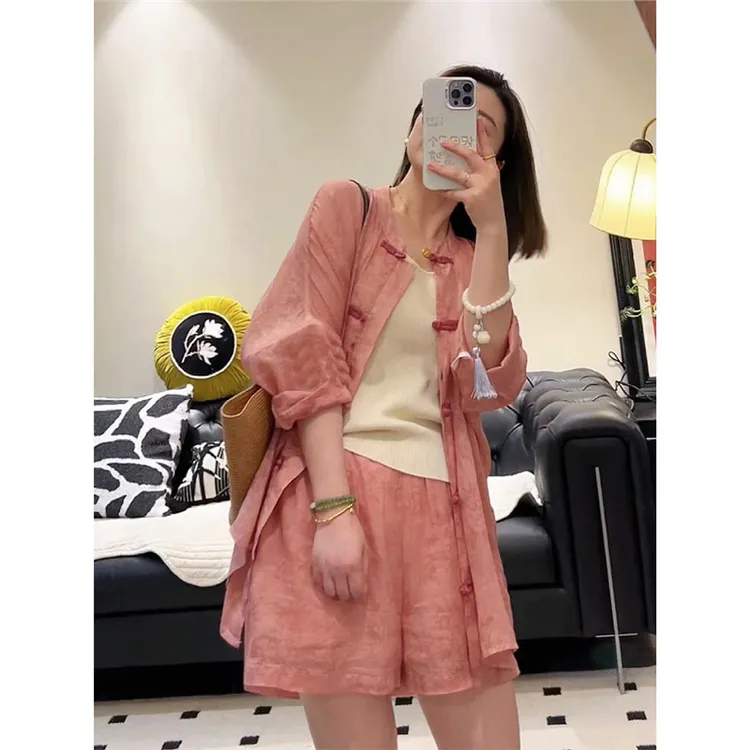 YT新中式中国风女装粉色盘扣衬衫短裤套装2024新款夏季时髦