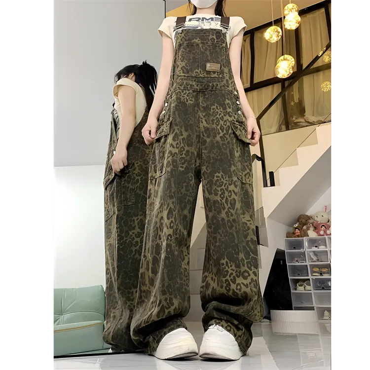 美式复古豹纹牛仔背带裤工装口袋连体显瘦街头宽松直筒阔腿碎花裤