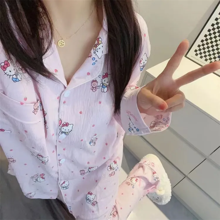 韩版春秋季睡衣女带胸垫卡通粉色Kitty猫云朵棉长袖裤家居服套装