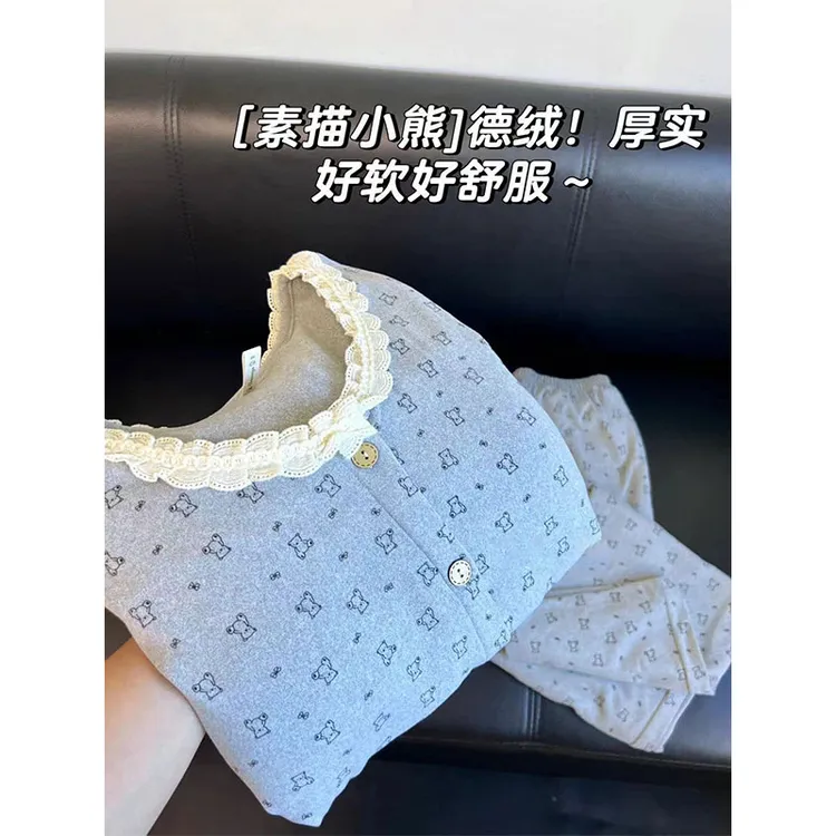 双面德绒睡衣女秋冬季加厚蕾丝圆领防凸点长袖开衫甜美小熊家居服