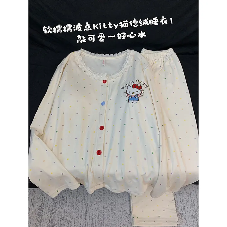 带胸垫波点KT猫睡衣女秋冬季德绒保暖加厚长袖套装可爱开衫家居服