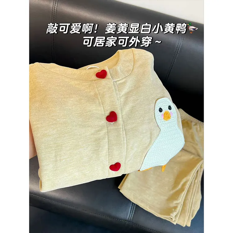 卡通可爱姜小黄鸭睡衣女秋冬季新款羊绒长袖裤加厚保暖家居服套装