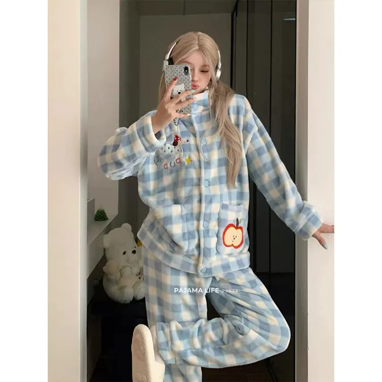 可爱苹果派小狗珊瑚绒睡衣女款秋冬季加厚加绒保暖高领家居服套装