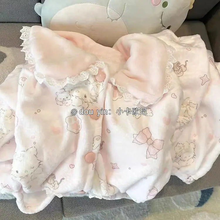 娃娃领粉色小猫睡衣女款秋冬季珊瑚绒加厚长袖套装可爱开衫家居服