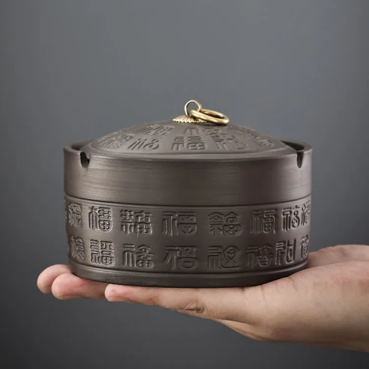 【可开发票】紫砂百福烟灰缸带盖防飞灰缸复古家用客厅茶几摆件