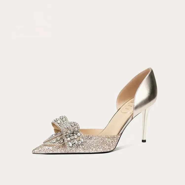 羊皮版！秀禾婚鞋新娘鞋水钻蝴蝶结高跟包头凉鞋女法式中空单鞋