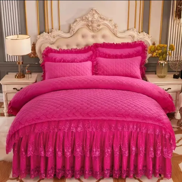 洣莱格  2024新款宝宝绒全夹棉加厚蕾丝床裙款四件套（12-14斤）