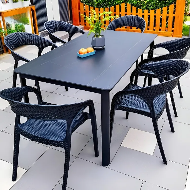 户外桌椅庭院岩板餐桌室外休闲长桌仿藤椅露台防水耐晒桌椅组合
