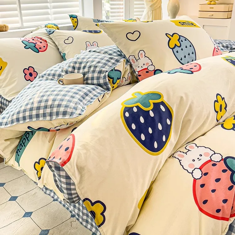 四件套纯棉100全棉被套床单床笠款格子卡通套件学生宿舍三件套女