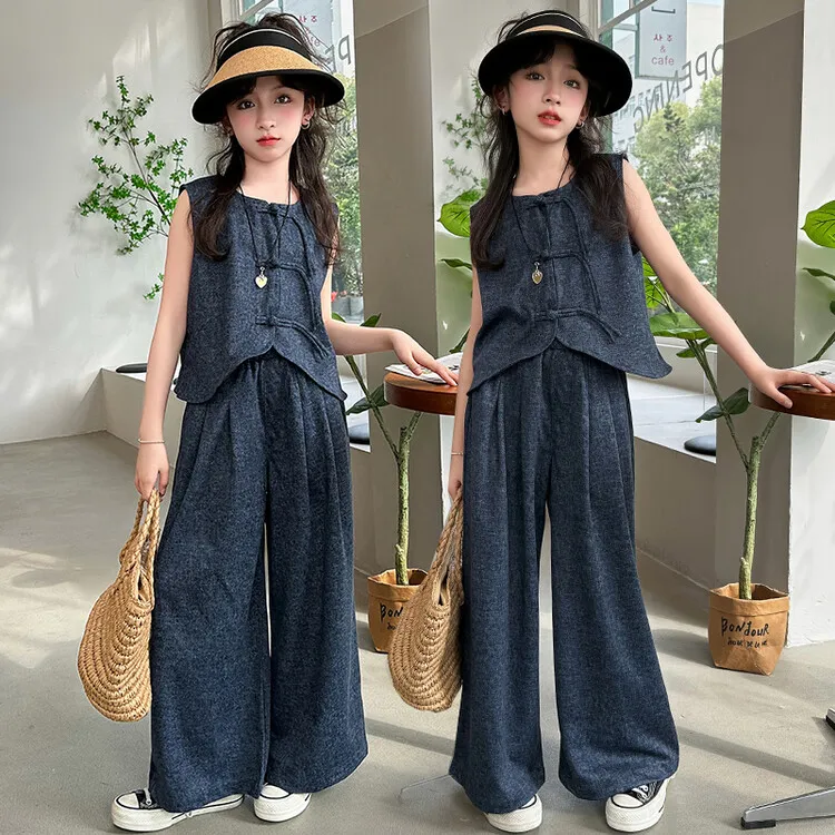 女童套装2024新款中国风夏季纯色女童中大童宽松洋气时尚阔腿女孩