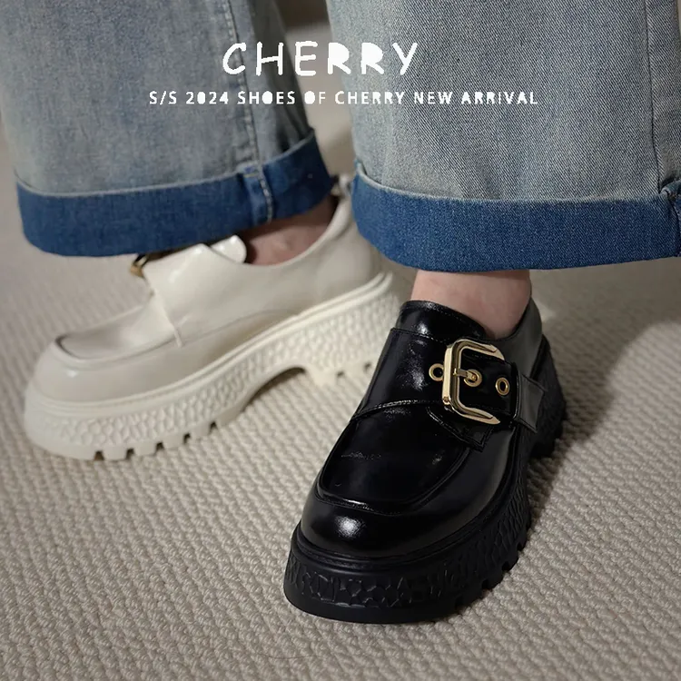 2024新款厚底乐福鞋女英伦风真皮小皮鞋金属扣百搭单鞋松糕鞋