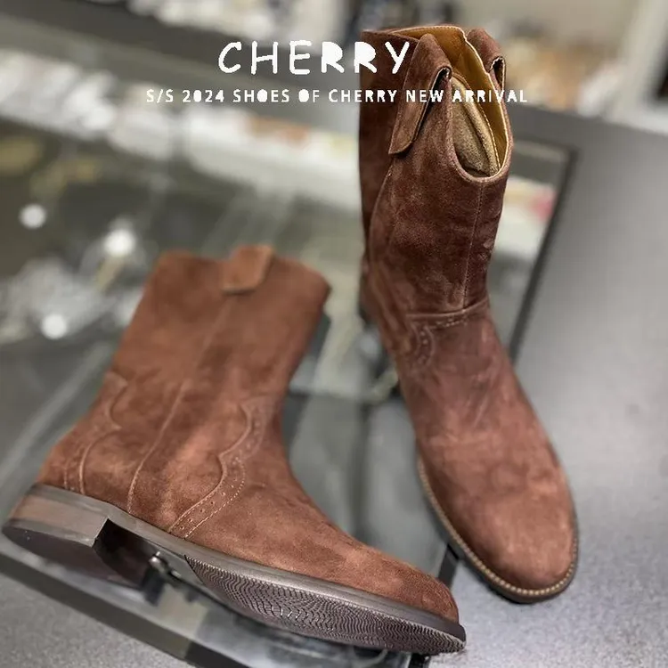 2024秋冬新款磨砂真皮显瘦粗跟V口复古牛仔靴牛皮圆头切尔西短靴