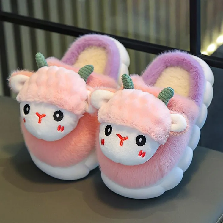 儿童棉拖鞋冬季新款防滑耐磨男童卡通女童公主毛绒立体头保暖拖鞋