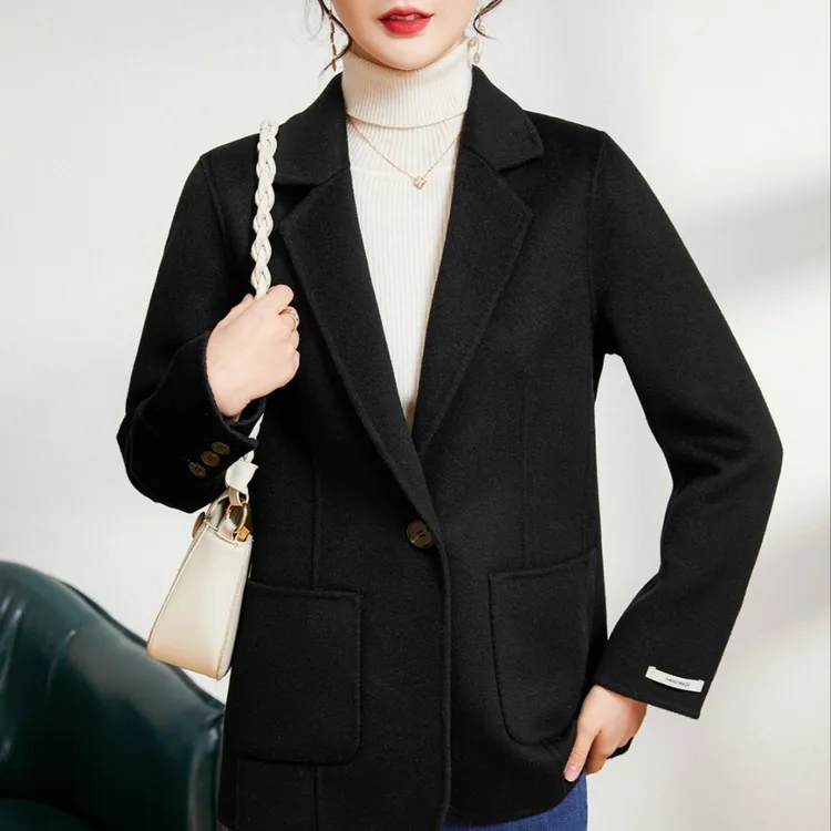 秋冬高端新款气质修身款西装领100%全羊毛双面呢大衣外套