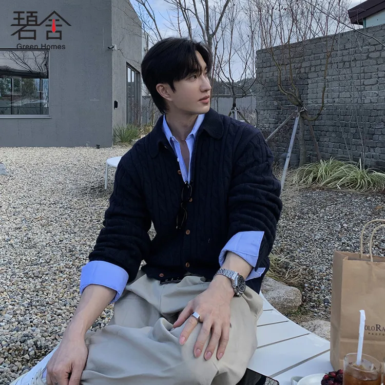 ascloqiao新款韩系针织开衫男士麻花纹翻领气质轻熟潮流毛衣外套