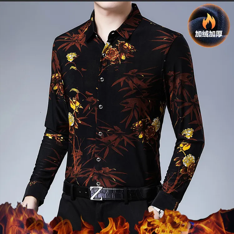 捷迈狮男士加绒衬衣商务休闲印花衬衫男秋冬保暖加厚保暖男衬衫