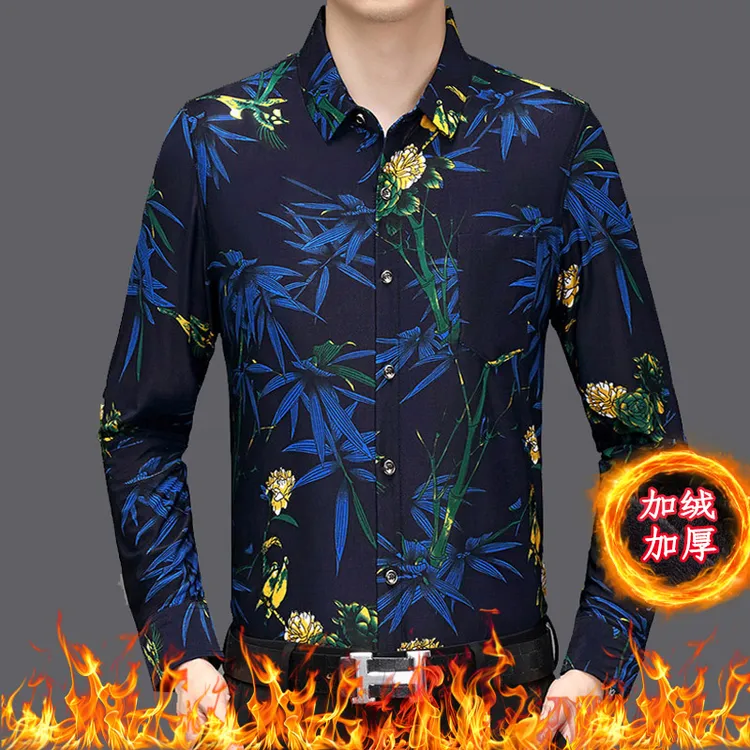 捷迈狮秋冬新款高档加绒修身加厚时尚印花中年免烫衬衣保暖男衬衫
