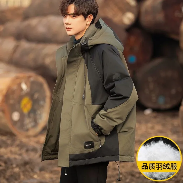 冬季连帽冲锋衣式羽绒服男拼接撞色2024新款保暖加厚户外休闲外套