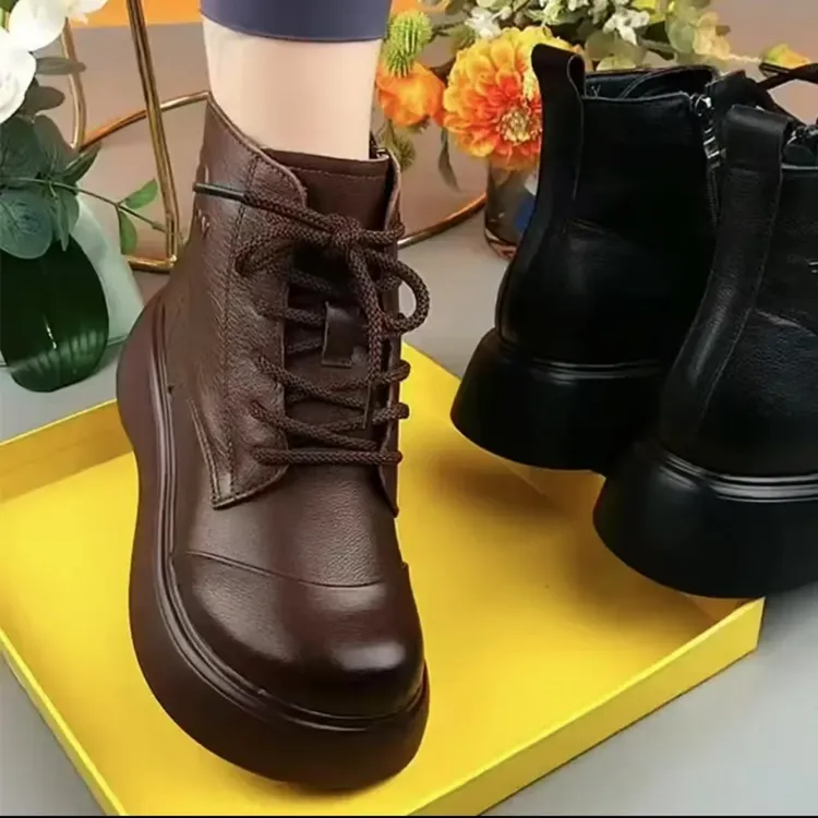 真皮厚底加绒松糕底马丁靴女秋冬季新款圆头短靴系带牛皮女靴棉靴