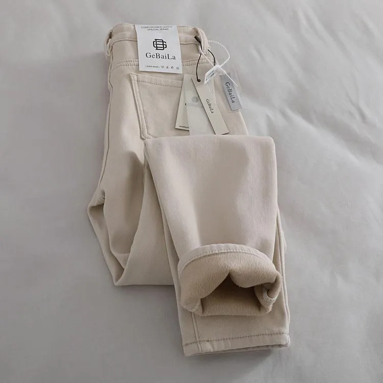 米白色牛仔裤加绒2025年加厚秋冬季高腰显瘦梨形身材穿搭女士裤子