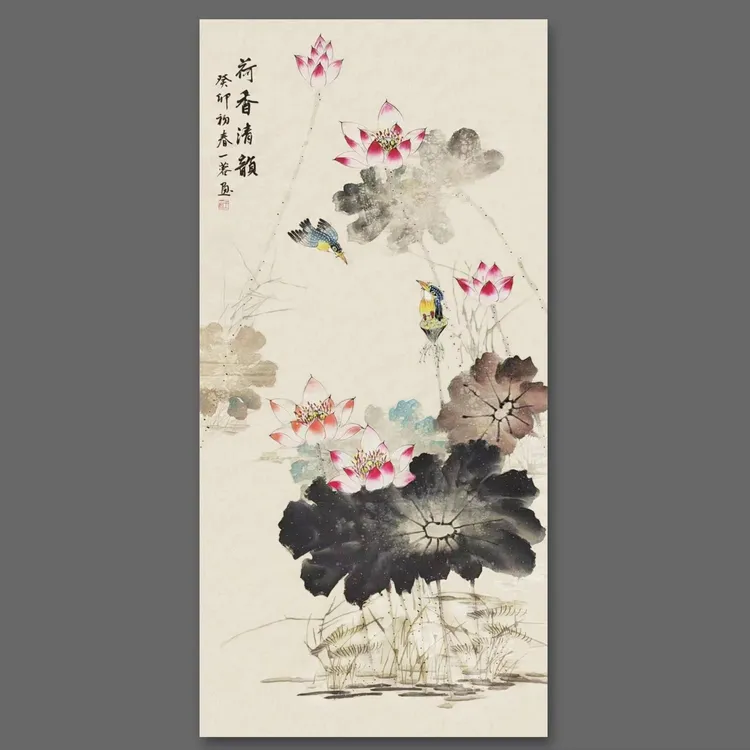 荷香清韵    八平尺手绘国画 荷花  洒金宣纸张 玄关画 138x68cm