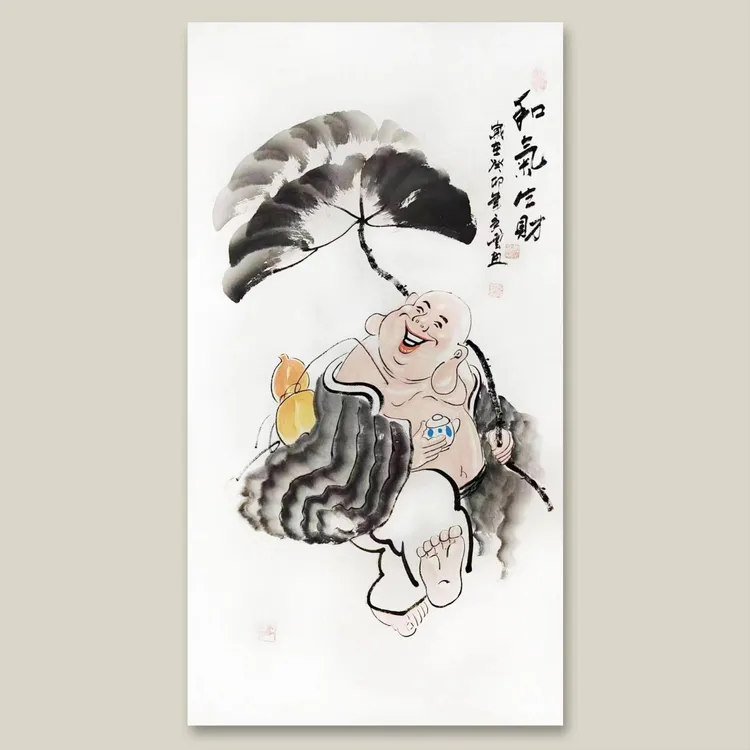 和气生财三尺手绘国画人物弥勒佛办公室会客厅收藏送人装饰50x100