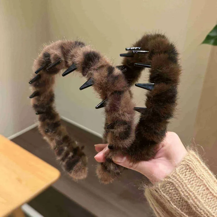 韩系复古豹纹带齿毛绒发箍女防滑洗脸发卡头箍X